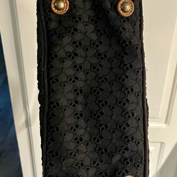 J.Crew wooden handle lace clutch bag – black eyelet fabric purse